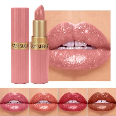 Rouge à lèvres rose nacré à paillettes veloutées