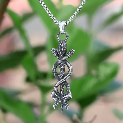 Collier pendentif double serpent 3D avec œil