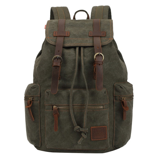 Sac à dos vintage vert en toile et cuir