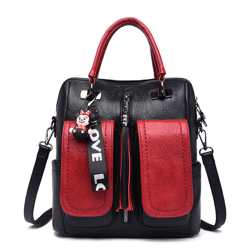 Sac à dos simili cuir noir et rouge avec poignée à main